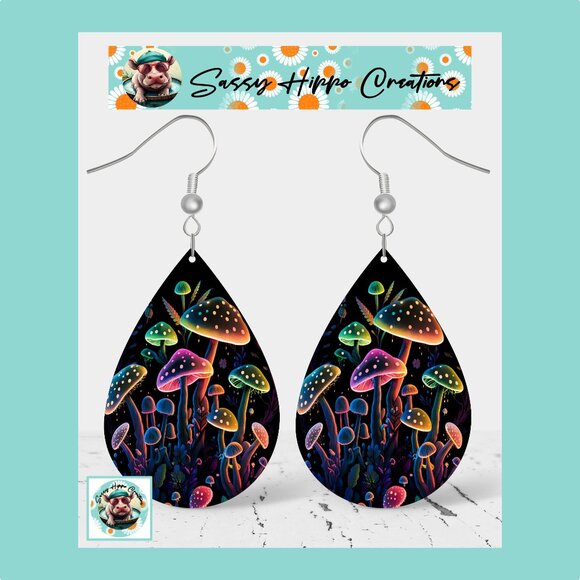 Earrings Colorful Neon Mushrooms Magic Printed on MDF with Hook Backs Sublimated - Picture 1 of 4